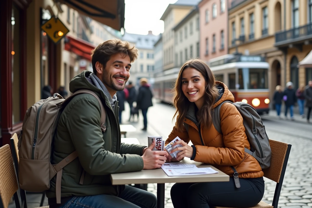 Jeune couple détendu à un café en extérieur avec guides de voyage