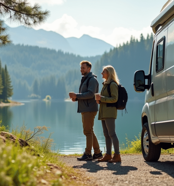 Couple de randonneurs près d’un van au bord du lac