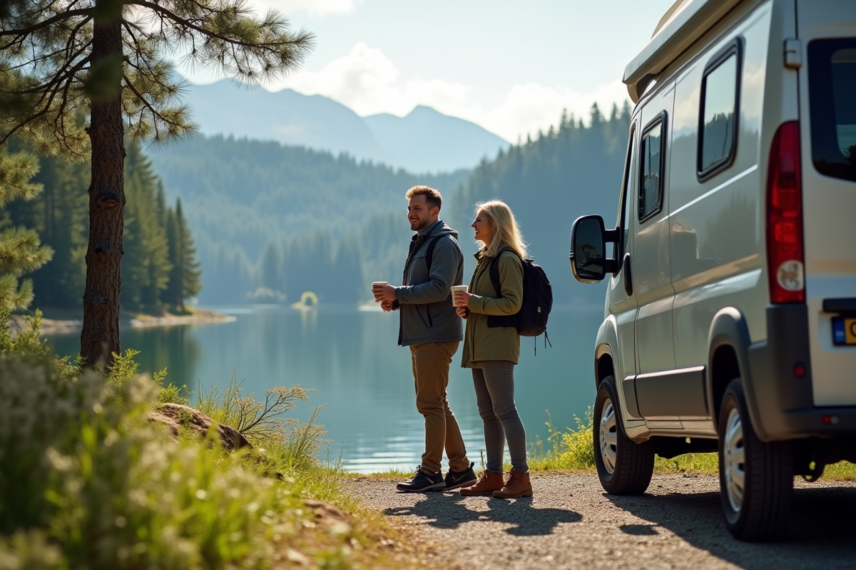 Couple de randonneurs près d’un van au bord du lac