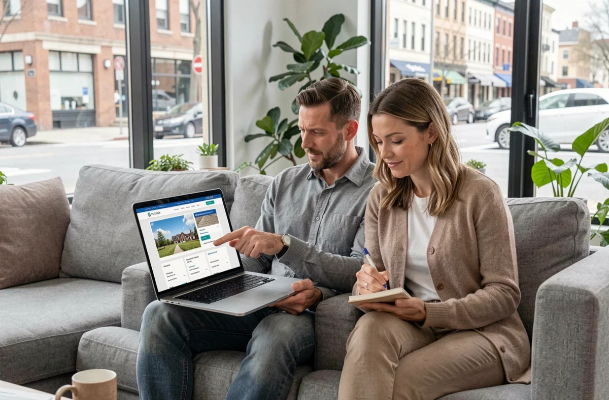 Couple comparant des offres d'assurance voyage sur un ordinateur portable avant des vacances