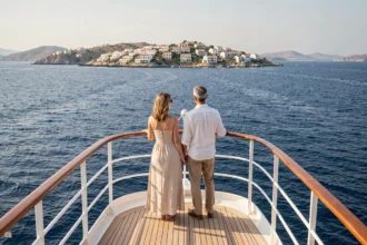 Couple sur le pont d'un bateau de croisière admirant les îles grecques depuis la mer Égée