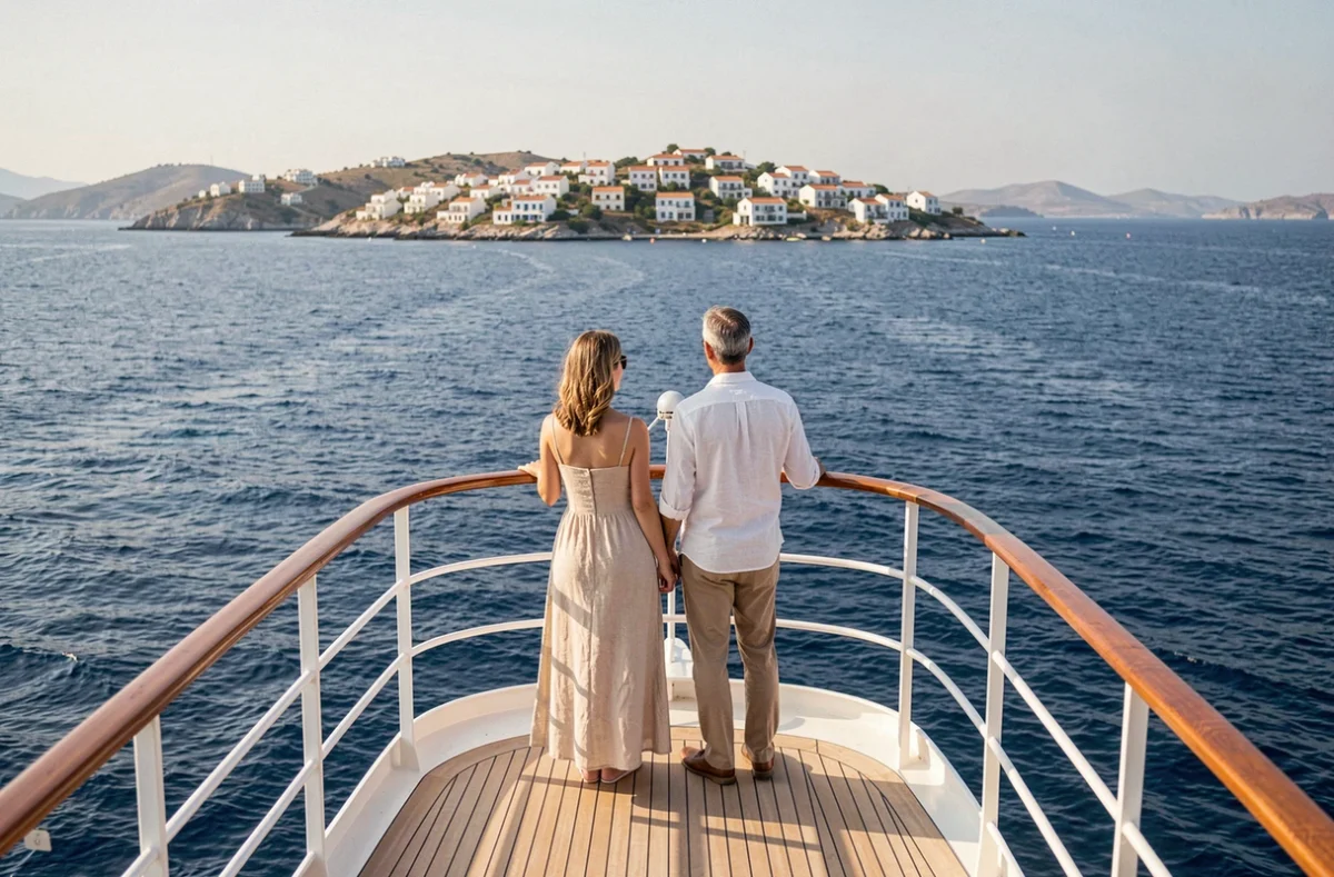 Couple sur le pont d'un bateau de croisière admirant les îles grecques depuis la mer Égée