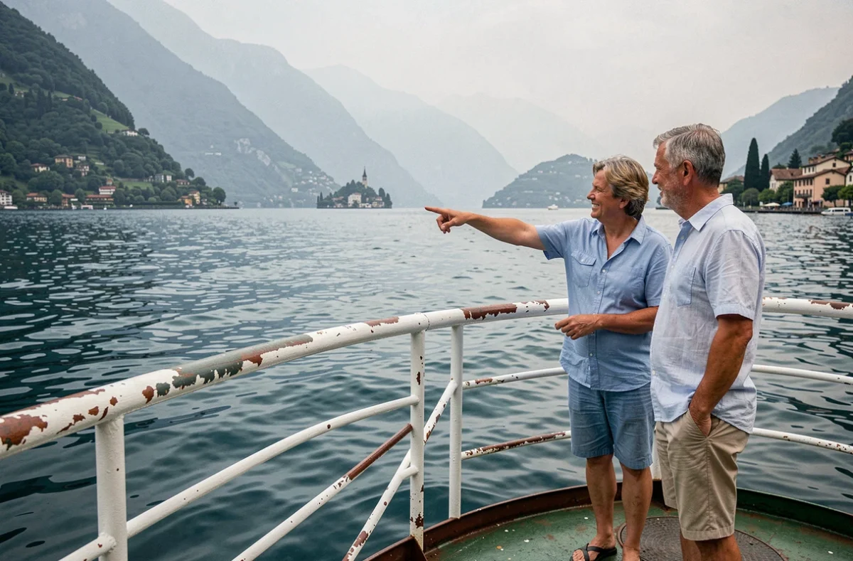 Couple en ferry traversant le lac Majeur vers les îles Borromées avec vue panoramique sur le paysage lacustre