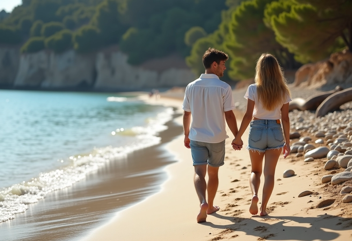 Jeune couple marchant main dans la main sur la plage de Corse