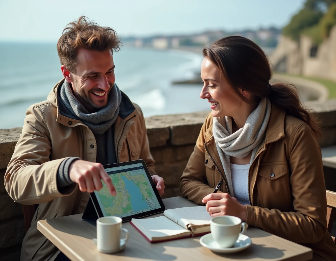 Couple planifiant leur itinéraire en Normandie avec une carte hors ligne sur tablette depuis une terrasse de café en bord de mer