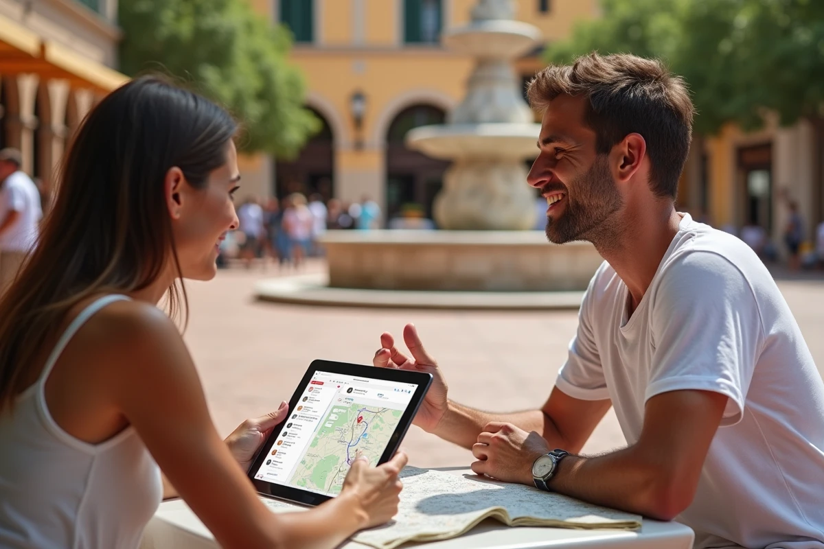 Couple planifiant un itinéraire de visite touristique à pied avec Google Maps sur une tablette en terrasse