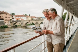 Couple de voyageurs consultant une brochure sur le pont d'un bateau de croisière fluviale en Europe