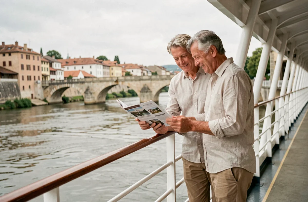 Couple de voyageurs consultant une brochure sur le pont d'un bateau de croisière fluviale en Europe