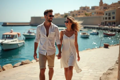 Couple souriant marchant sur la promenade de San Pawl ilBahar