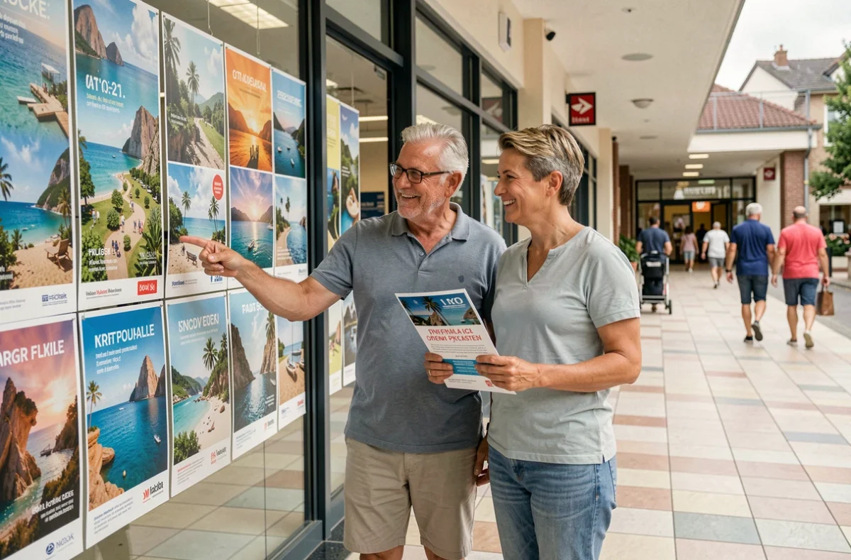 Couple devant une vitrine de l'agence Leclerc Voyage découvrant les promotions du mardi pour leurs vacances 2026
