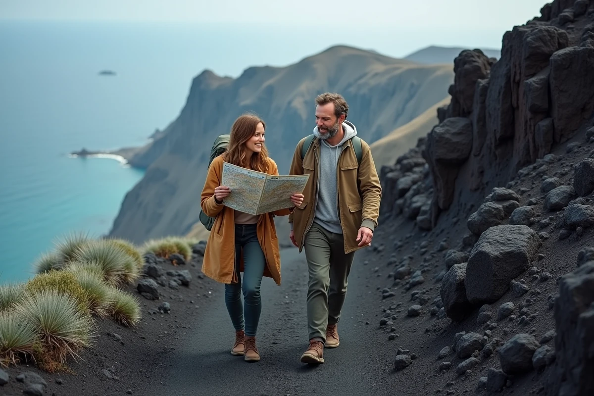 Couple de randonneurs avec une carte volcanique sur un sentier de lave des îles Éoliennes avec vue sur la mer Tyrrhénienne en Italie