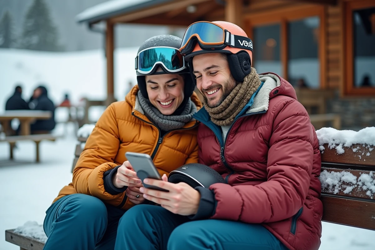 Couple de skieurs consultant les offres de forfait ski économique sur smartphone en station de montagne