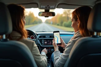 Couple consultant l'application Mappy itinéraire sur smartphone dans une voiture avant un départ en week-end