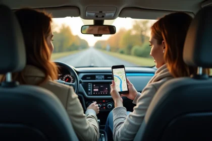 Couple consultant l'application Mappy itinéraire sur smartphone dans une voiture avant un départ en week-end