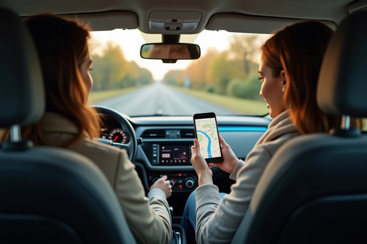 Couple consultant l'application Mappy itinéraire sur smartphone dans une voiture avant un départ en week-end