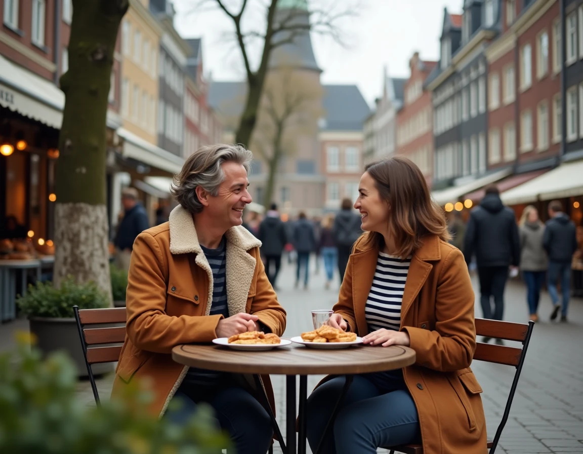 Couple attablé en terrasse sur la place Nieuwmarkt à Amsterdam avec le bâtiment De Waag en arrière-plan