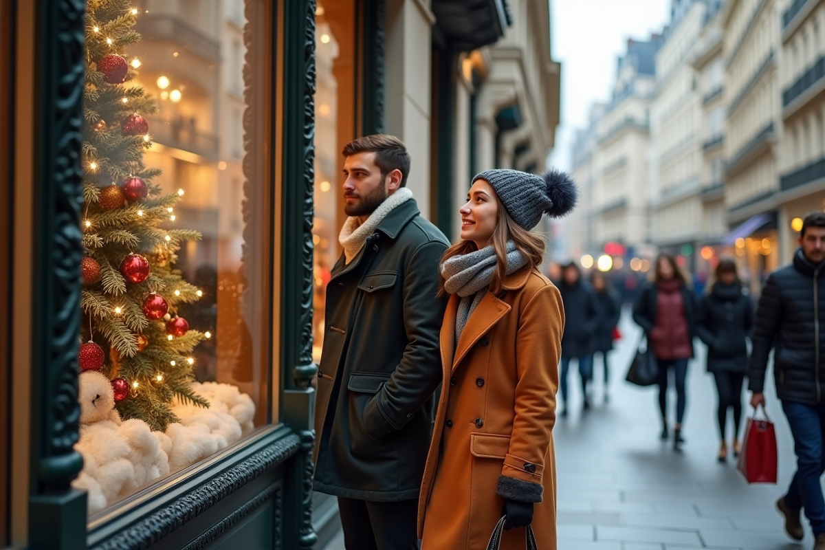 Jeune couple admirant une vitrine de magasin parisien