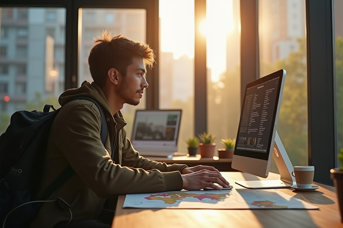 Voyageur en coworking en ville avec ordinateur et carte du monde