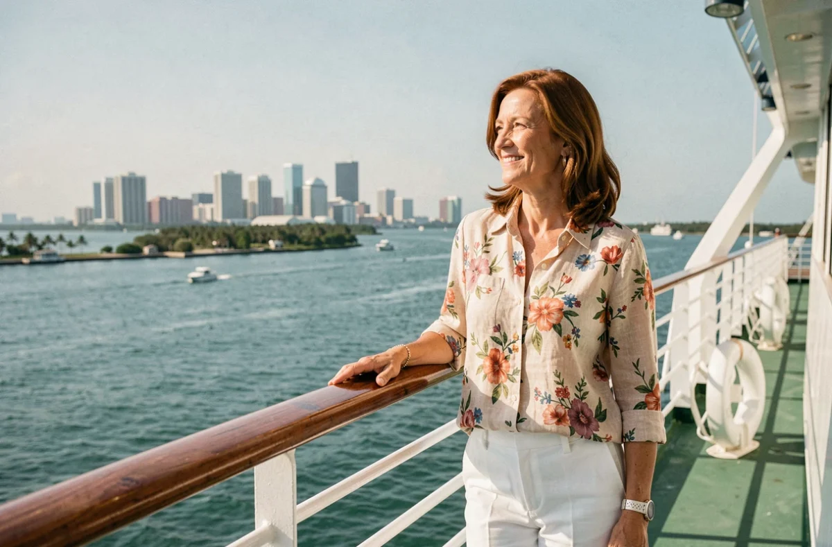 Femme souriante sur le pont d'un bateau de croisière au départ de Miami avec la skyline en arrière-plan