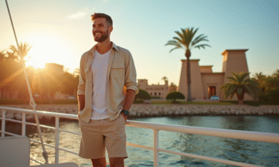 Voyageur souriant sur un bateau croisière sur le Nil avec temples anciens