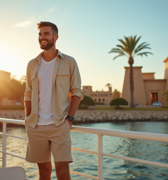 Voyageur souriant sur un bateau croisière sur le Nil avec temples anciens