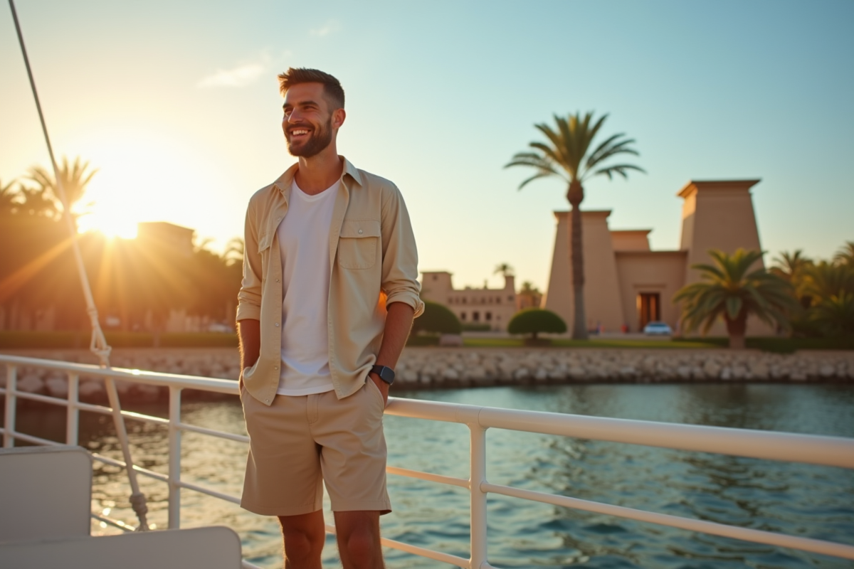 Voyageur souriant sur un bateau croisière sur le Nil avec temples anciens