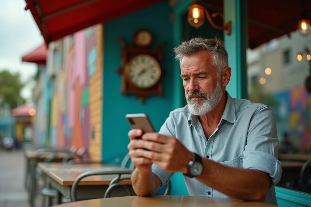 Homme comparant l'heure sur son smartphone avec une horloge murale dans un café du quartier Wynwood à Miami, thème du décalage horaire 2026