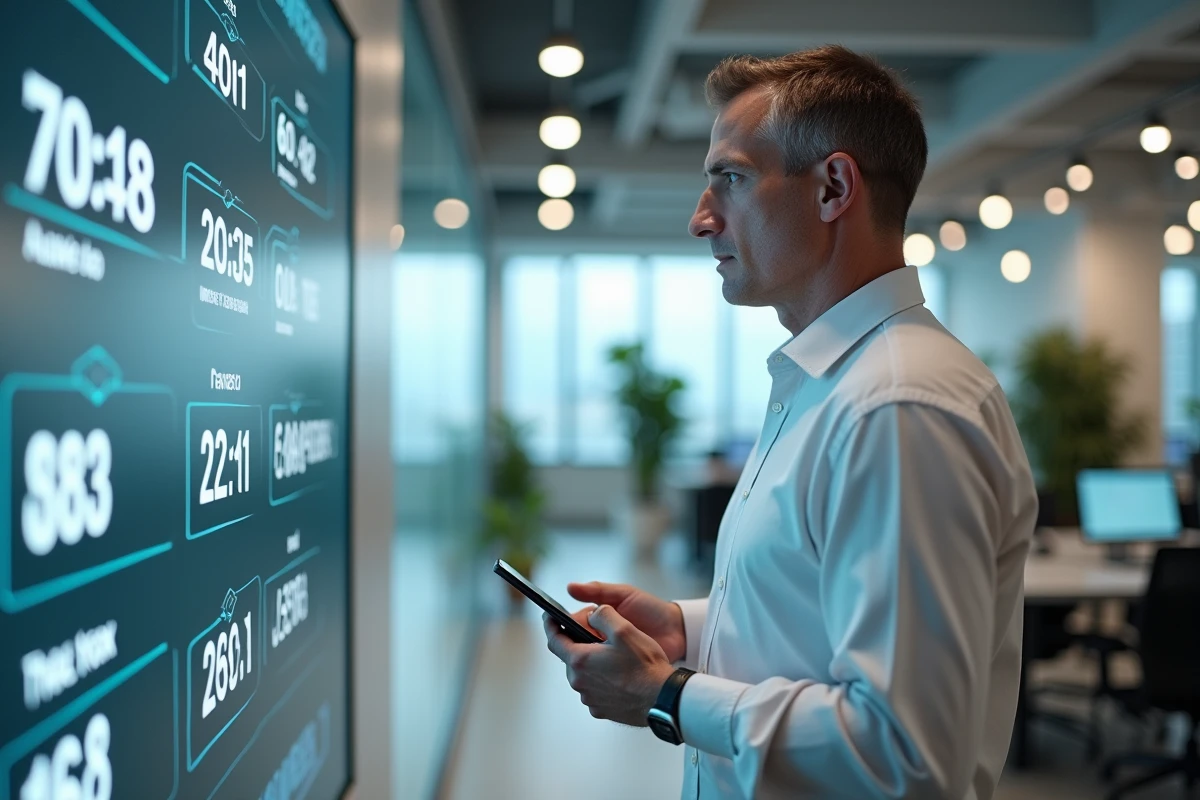 Homme en bureau moderne devant un affichage d'horloges mondiales incluant Saint-Denis de la Réunion pour gérer un décalage horaire