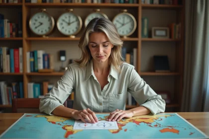 Femme consultant un tableau comparatif des fuseaux horaires avec des horloges murales indiquant les heures de différentes villes du monde