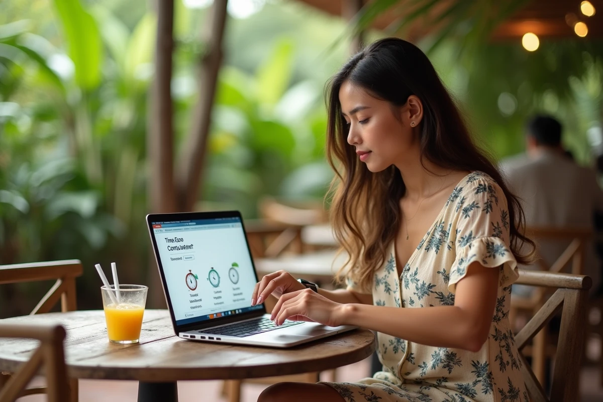Jeune femme à la Réunion consultant un comparatif de décalage horaire sur son ordinateur portable depuis une terrasse tropicale