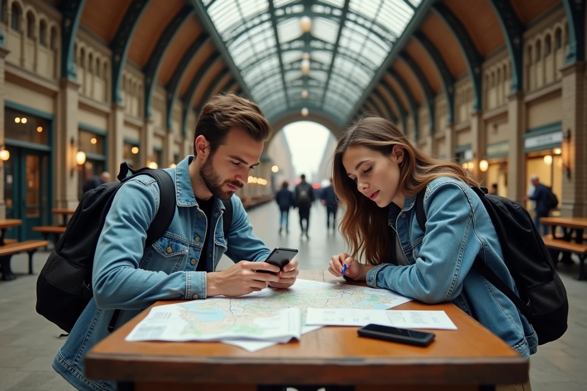 Deux voyageurs comparant des options d'interrail et d'Eurorail Pass autour d'une carte et d'un itinéraire dans une gare européenne