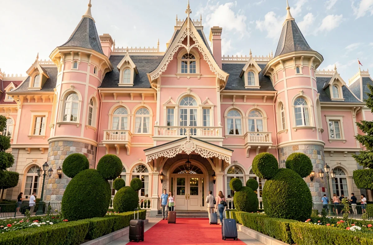 Façade féerique du Disneyland Hotel à Marne-la-Vallée avec ses tourelles victorienne et son allée d'entrée bordée de topiaires