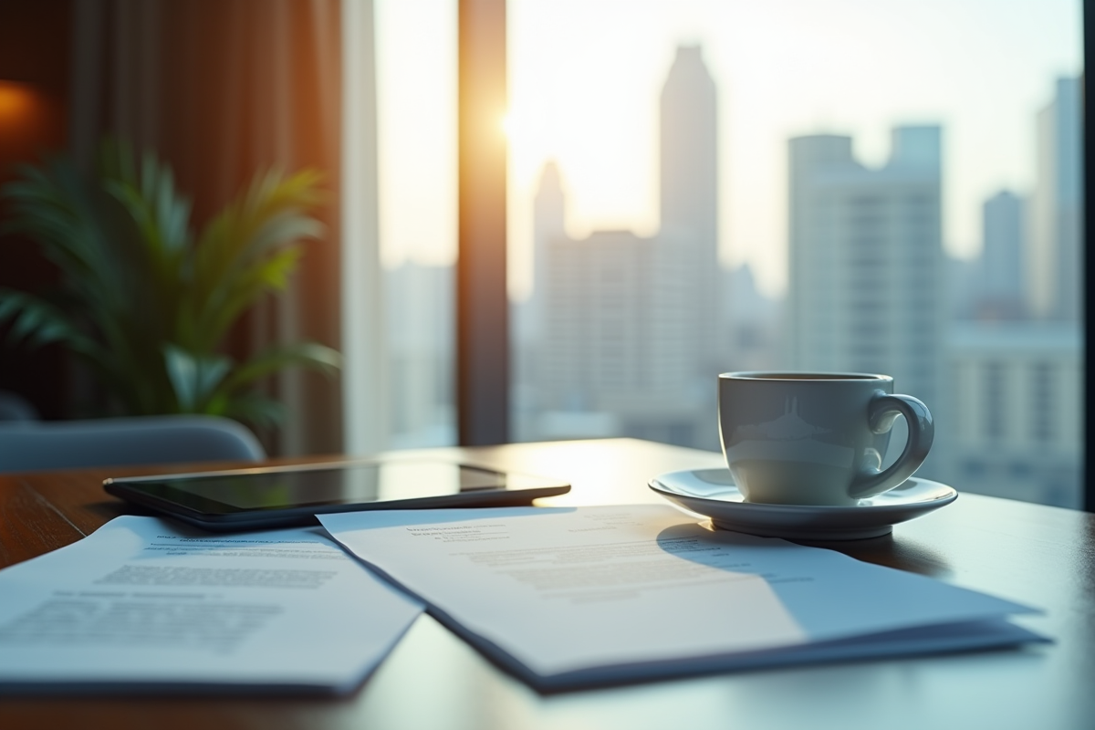 Documents de travail et café sur un bureau avec vue urbaine