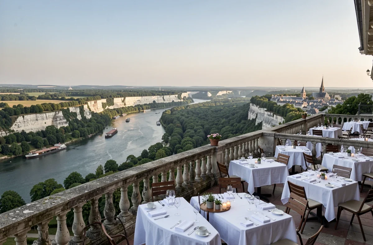 Terrasse panoramique du Domaine de la Corniche avec vue imprenable sur la boucle de la Seine et la vallée boisée