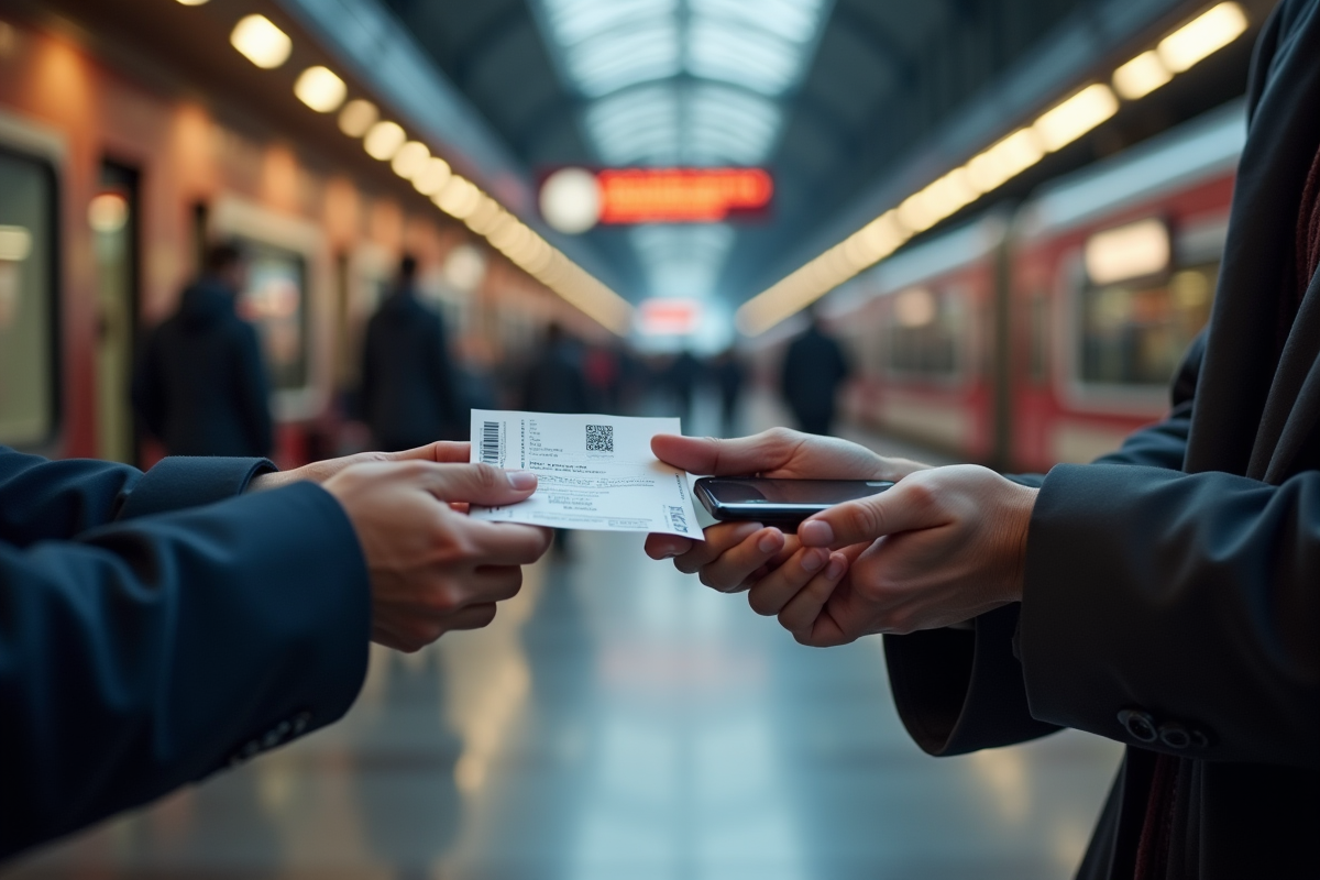 Deux mains échangeant un billet à la gare avec un smartphone et un ticket imprimé