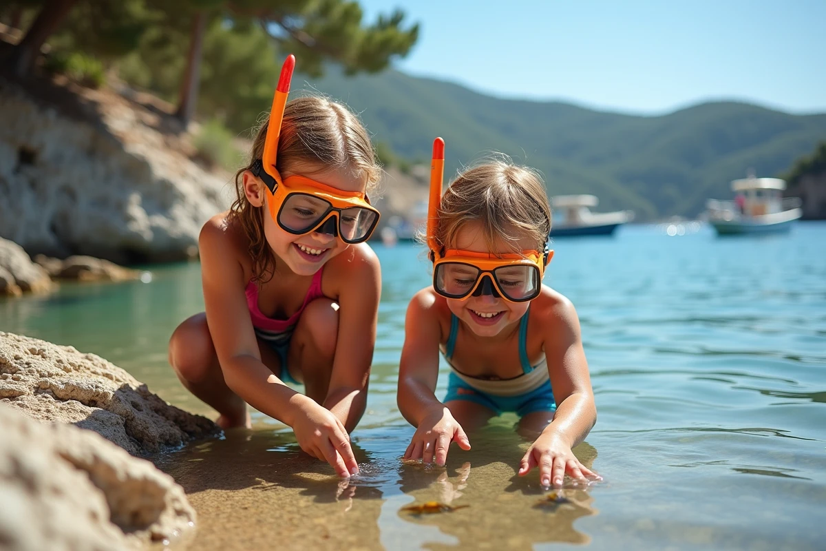 Enfants explorant un bassin rocheux à Cala d'Orzu avec masques de plongée, activités nature en famille