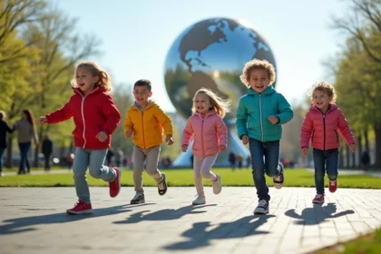 Enfants jouant à chat devant l'Unisphere à Queens