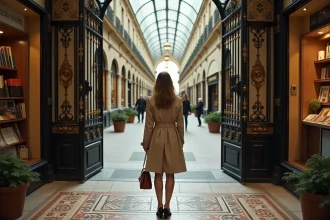 Femme en trench-coat à l'entrée du passage Vivienne à Paris, mosaïques au sol et verrière en fer forgé