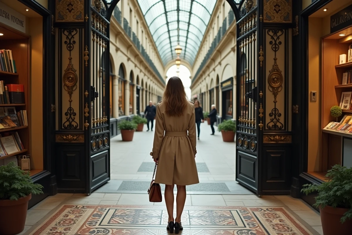 Femme en trench-coat à l'entrée du passage Vivienne à Paris, mosaïques au sol et verrière en fer forgé