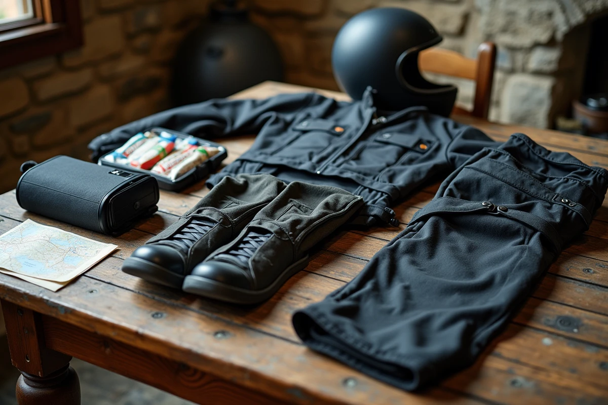 Équipement complet pour road trip moto longue distance posé sur une table en bois : veste, jeans Kevlar, intercom, kit de réparation et carte routière