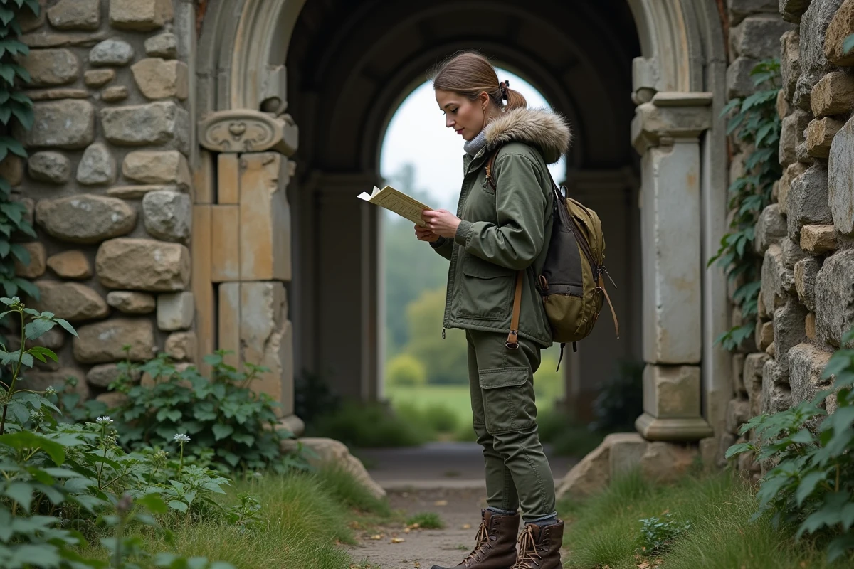 Exploratrice urbaine en veste kaki consultant une carte devant le portail effondré d'une église en ruine dans un village fantôme du sud de la France