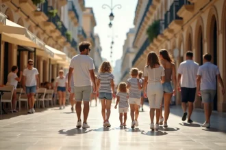 Famille se promenant sur la Calle Larios à Malaga, rue piétonne animée du centre-ville