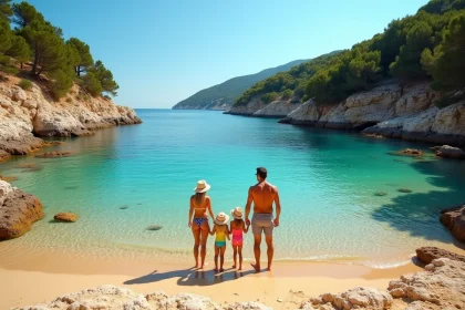 Famille avec enfants au bord de la plage de Cala d'Orzu en Corse, eaux turquoise et falaises boisées