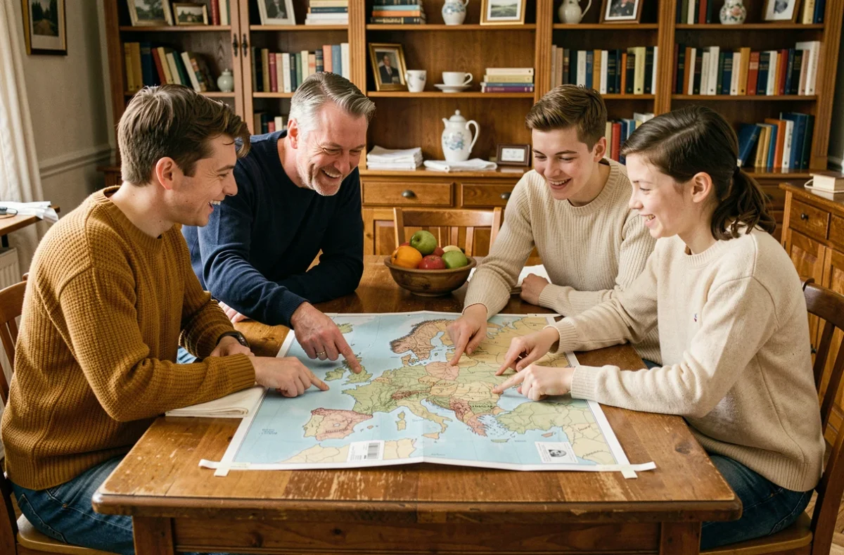 Famille française planifiant ensemble leur voyage 2026 autour d'une carte d'Europe grâce aux promos Leclerc Voyage du mardi
