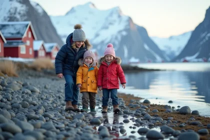 Famille scandinave explorant la plage de Lofoten en Norvege