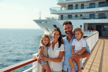 Famille souriante sur le pont d'un grand navire de croisiere