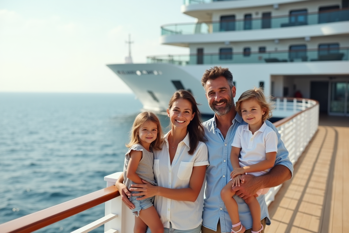 Famille souriante sur le pont d'un grand navire de croisiere