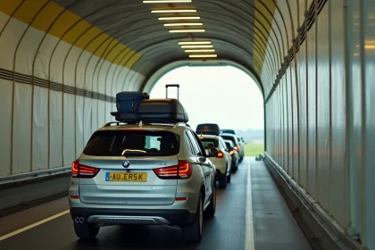 Une famille en SUV argenté monte à bord d'un wagon du tunnel sous la Manche via l'Eurotunnel Le Shuttle