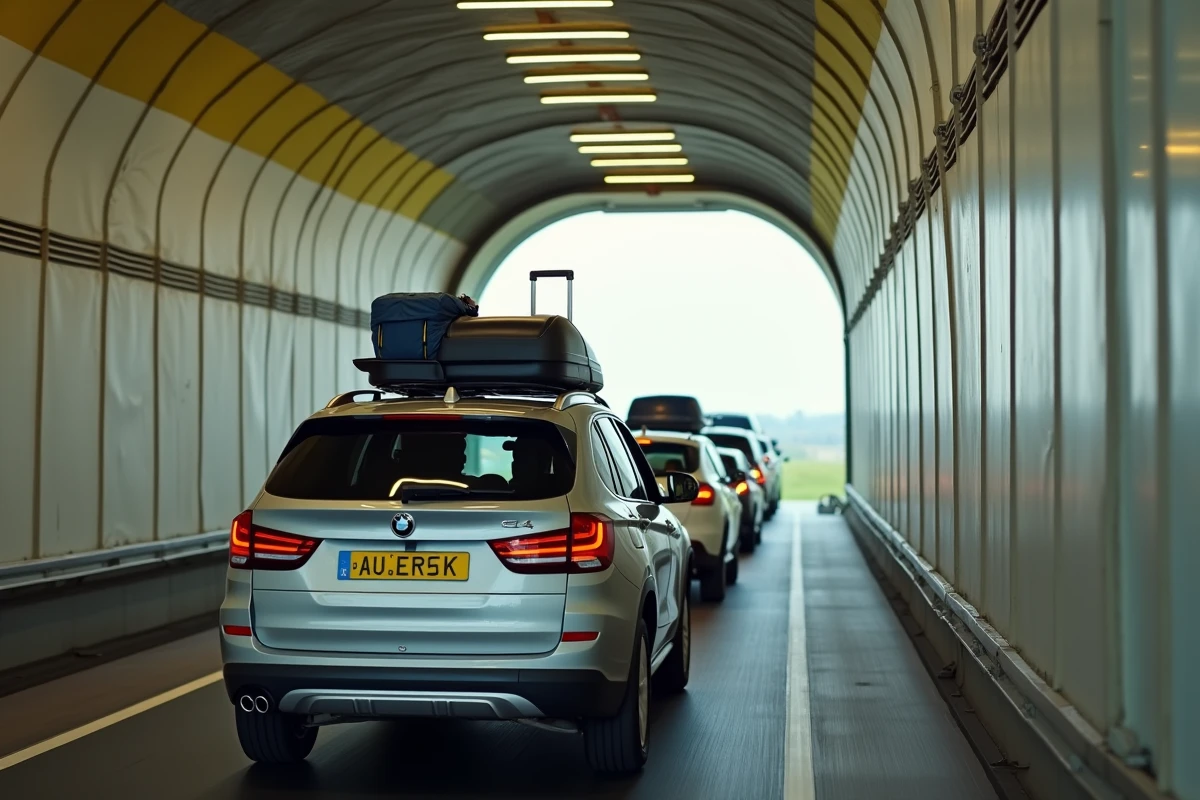 Une famille en SUV argenté monte à bord d'un wagon du tunnel sous la Manche via l'Eurotunnel Le Shuttle