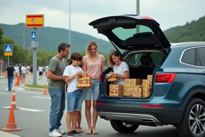 Famille de quatre au border en voiture moderne